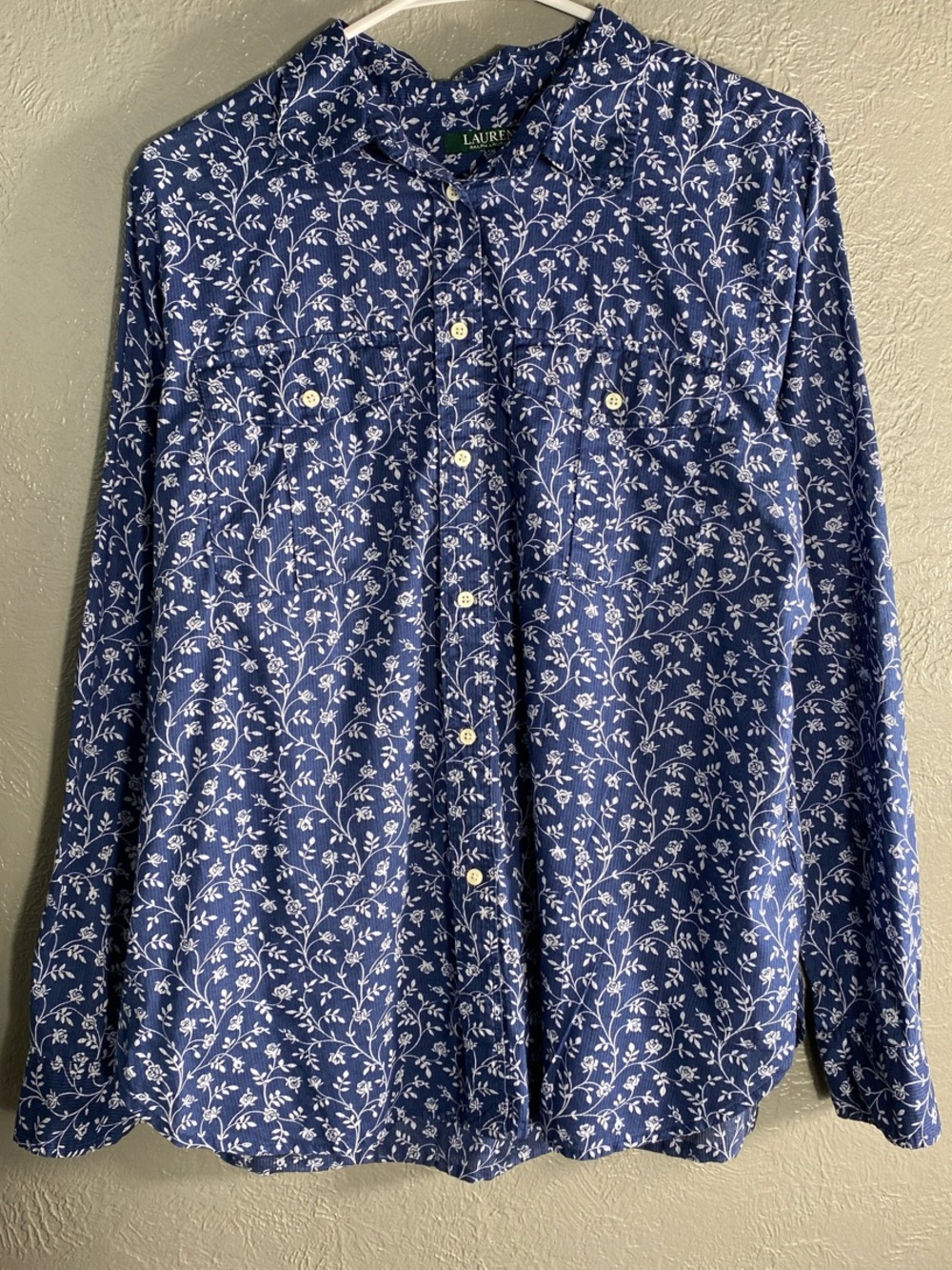 Lauren Ralph Lauren Shirt Womens L Navy Floral 100% Cotton Button Down Blouse